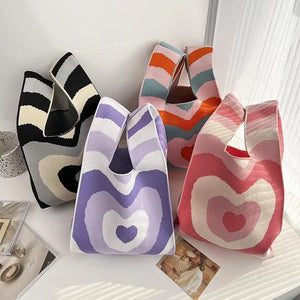 Ins Knitted Handbag Heart Love Women's Tote Bag Shoulder Bag Wrist Bag