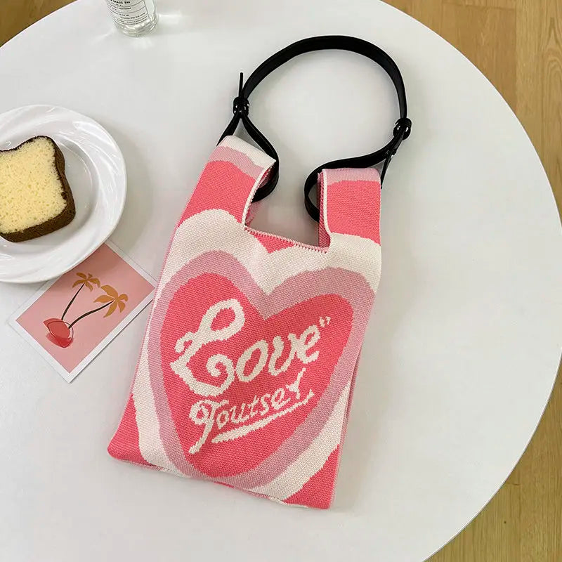Ins Knitted Handbag Heart Love Women's Tote Bag Shoulder Bag Wrist Bag