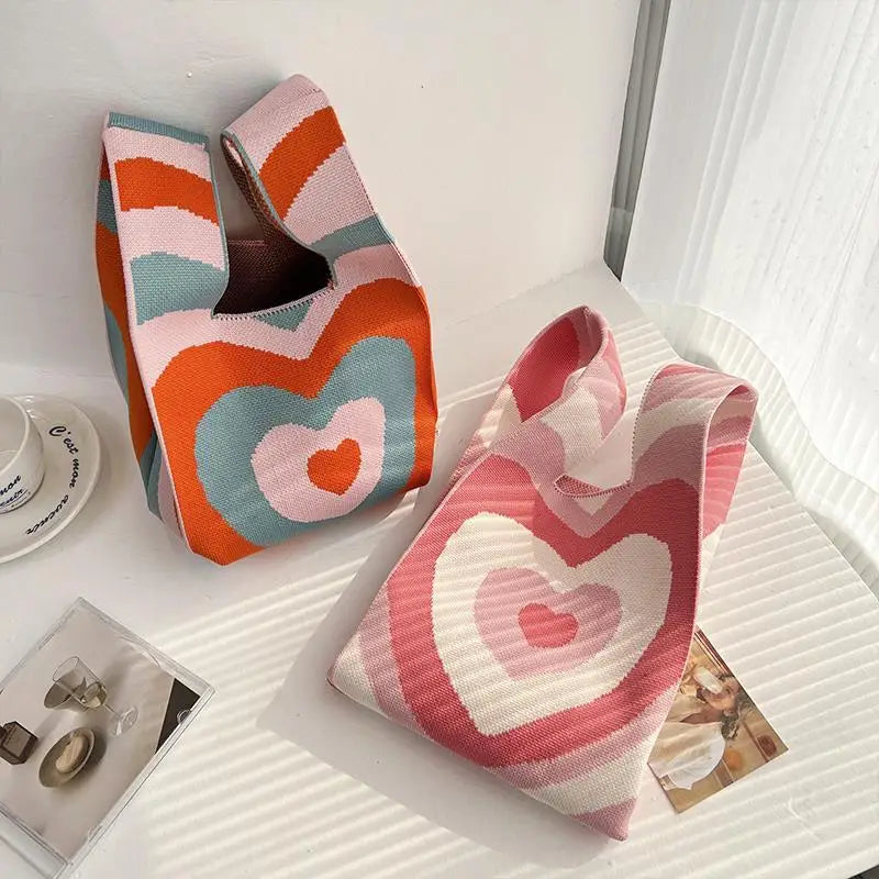 Ins Knitted Handbag Heart Love Women's Tote Bag Shoulder Bag Wrist Bag