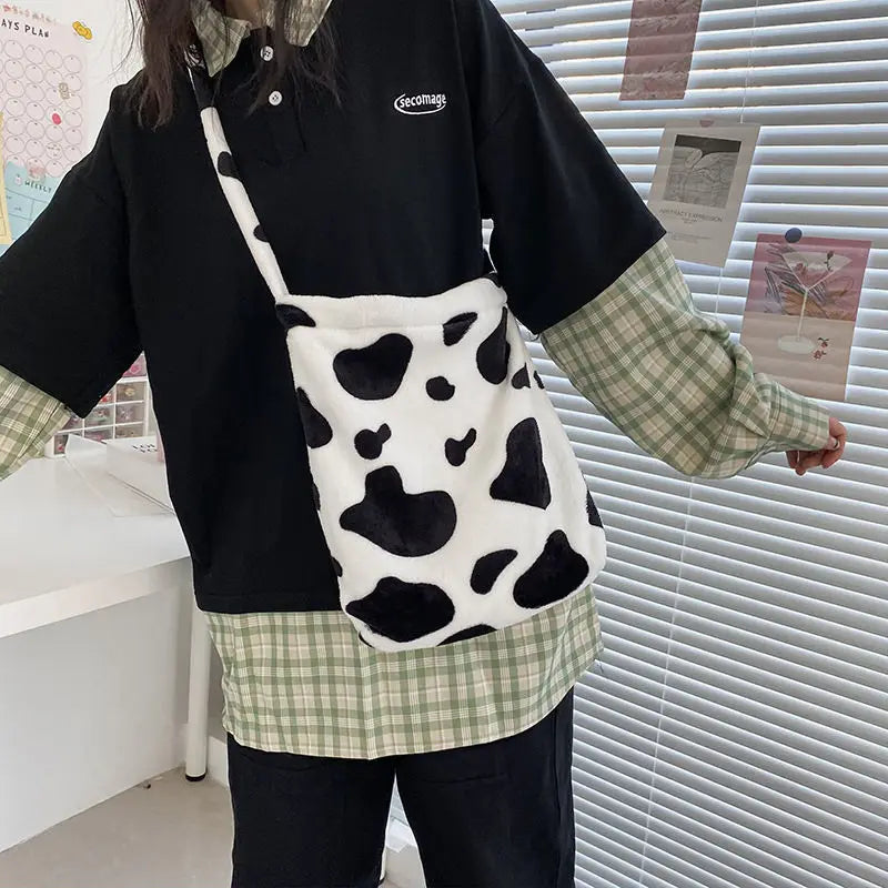 Ins Plush Cow-printed Shoulder Bags Women Large Capacity Travel Crossbody Totes