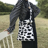 Ins Plush Cow-printed Shoulder Bags Women Large Capacity Travel Crossbody Totes