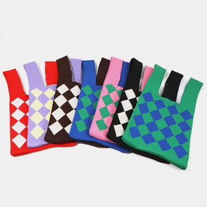 Ins Rhombus Knitted Women Handbag Diamond Lattice Tote Bag