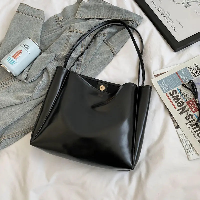 Large Capacity PU Leather Women Shoulder Bags Hasp Retro Texture Office Lady Tot