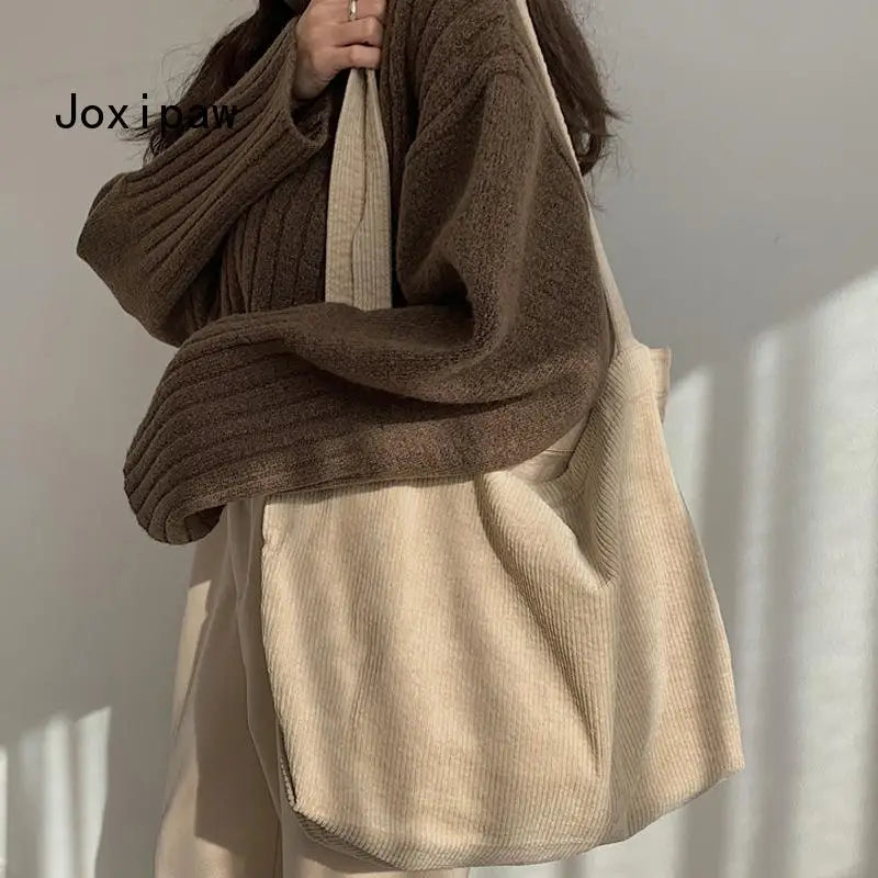 Large Capacity Corduroy Shopping Shoulder Bag for Women