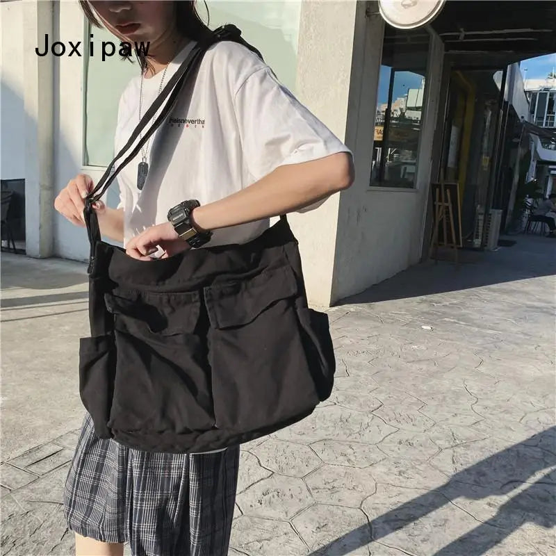 Vintage Canvas Shoulder Bag for Women Large Capacity with Pocket