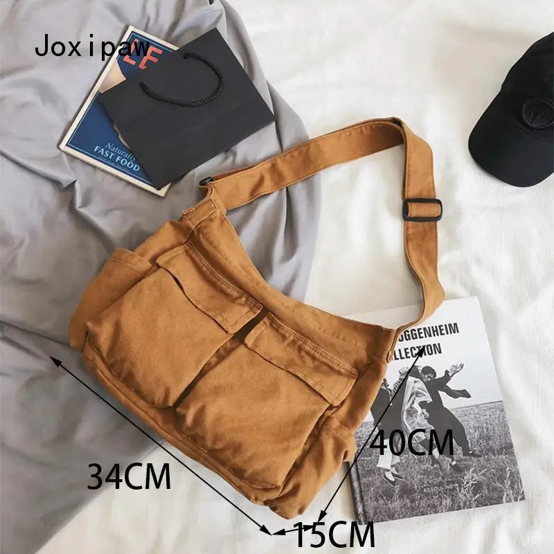 Vintage Canvas Shoulder Bag for Women Large Capacity with Pocket