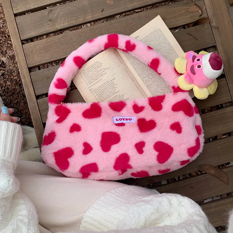 Winter Strawberry Bear Plush Shoulder Bag for Women