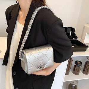 Plaid Shoulder Bag for Women Silver Chain Handbags Tote Bags