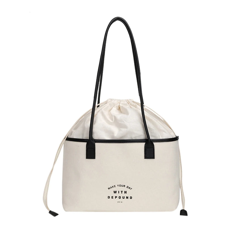 Canvas Tote Bag Drawstring Letters Travel Shoulder Shopping Purse Handbags