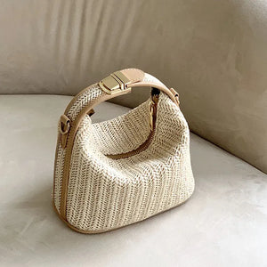 Straw Handbag Women Shoulder Bags Woven Beach Tote Casual Beige