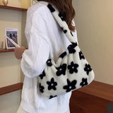 Floral Fluffy Tote Bag Women Fuzzy Shoulder Bag Daisy Flower Handbag
