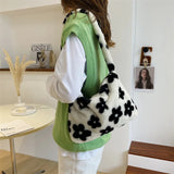 Floral Fluffy Tote Bag Women Fuzzy Shoulder Bag Daisy Flower Handbag