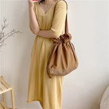 Pleated Canvas Shoulder Bag Soft Handbag Solid