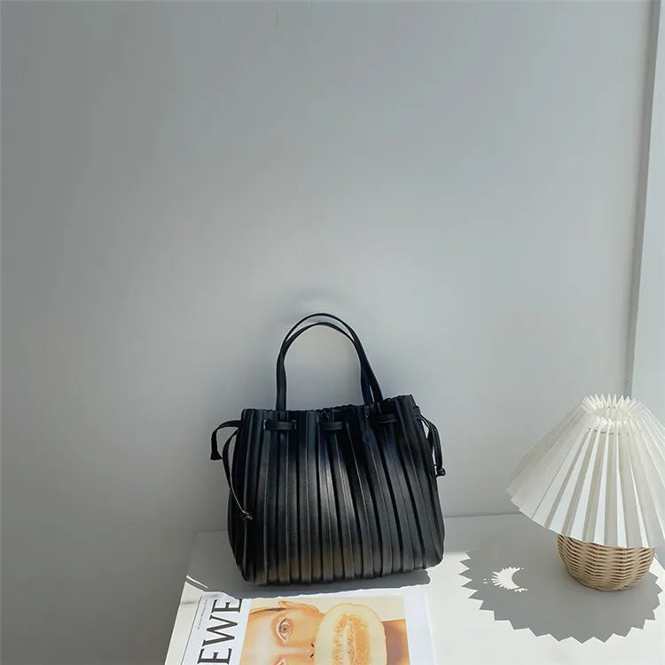 PU Leather Striped Shoulder Bag Tie Closure Top-Handle Casual Female Bag