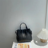 PU Leather Striped Shoulder Bag Tie Closure Top-Handle Casual Female Bag
