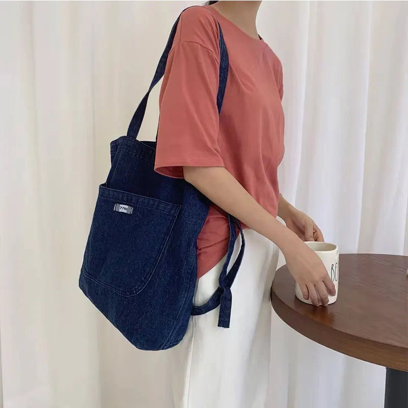Vintage Denim Canvas Shoulder Bag for Students