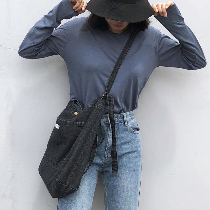 Vintage Denim Canvas Shoulder Bag for Students
