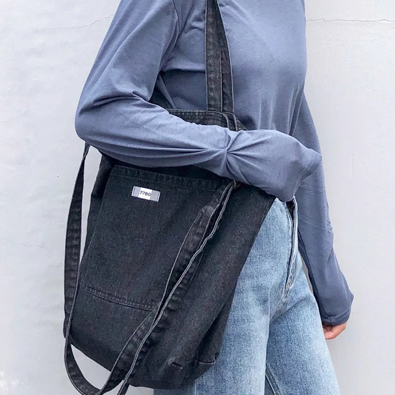 Vintage Denim Canvas Shoulder Bag for Students