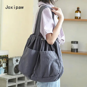 Vintage Canvas Tote Bag Drawstring Shoulder Handbag