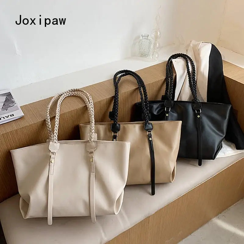 Vintage Large Capacity Tote Bag Solid Versatile Shoulder Bag PU Leather Handbags