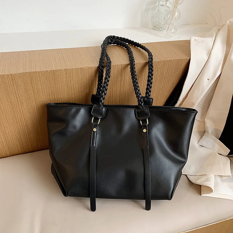 Vintage Large Capacity Tote Bag Solid Versatile Shoulder Bag PU Leather Handbags