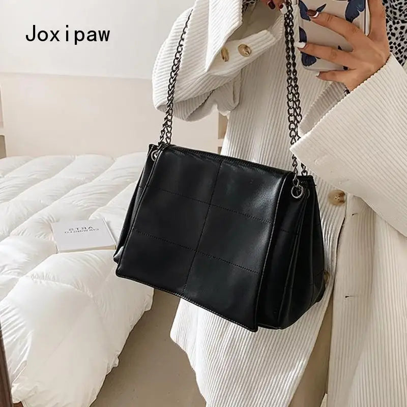Vintage Lattice Chain Handbag Women PU Leather Shoulder Bag