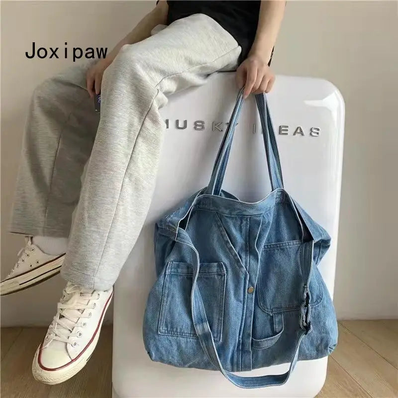 Women's Denim Canvas Shoulder Bag Large Capacity Casual Tote Handbag