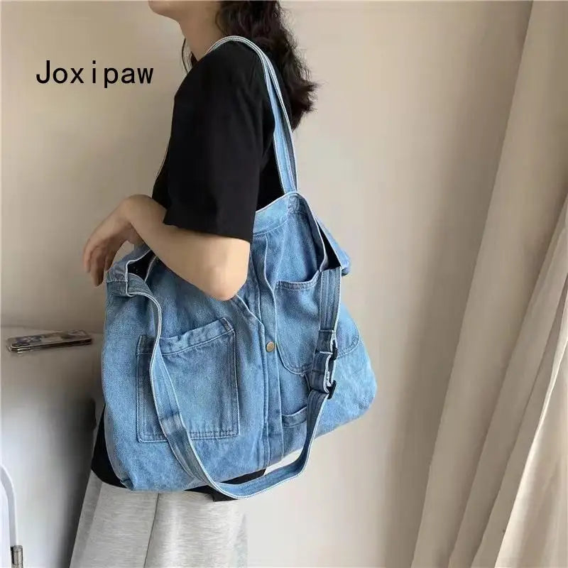 Women's Denim Canvas Shoulder Bag Large Capacity Casual Tote Handbag