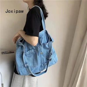 Women's Denim Canvas Shoulder Bag Large Capacity Casual Tote Handbag