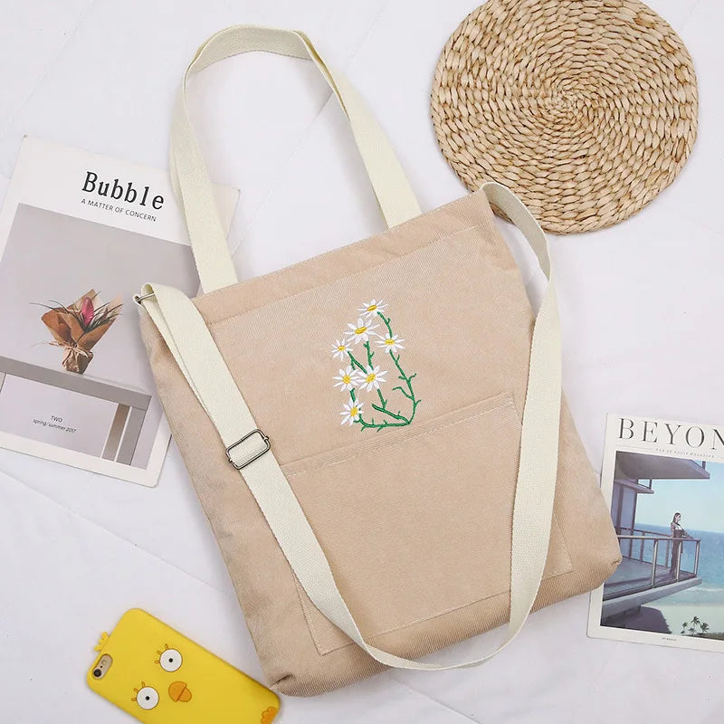 Embroidered Corduroy Messenger Bag with Daisy Pattern for Women