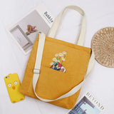 Embroidered Corduroy Messenger Bag with Daisy Pattern for Women