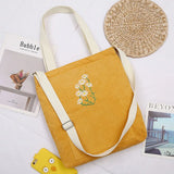Embroidered Corduroy Messenger Bag with Daisy Pattern for Women