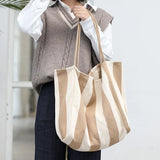 Retro Stripe Canvas Shoulder Bag Large Capacity Casual Shopping Bag