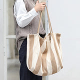 Retro Stripe Canvas Shoulder Bag Large Capacity Casual Shopping Bag