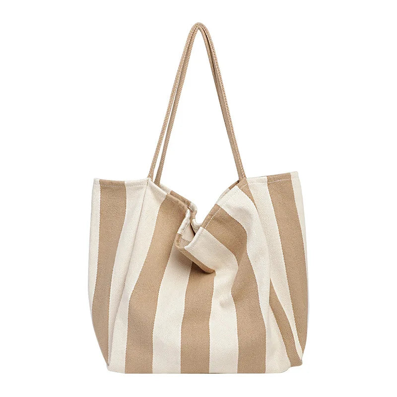 Retro Stripe Canvas Shoulder Bag Large Capacity Casual Shopping Bag