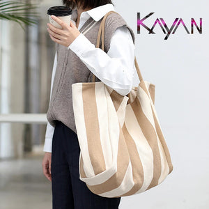 Retro Stripe Canvas Shoulder Bag Large Capacity Casual Shopping Bag