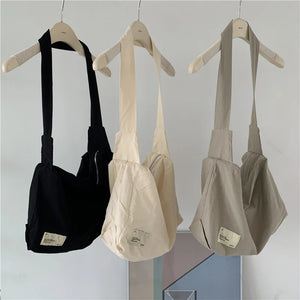 Canvas Shoulder Bag Large Capacity Wide Strap Solid