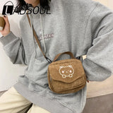 LADSOUL Embroidery Bear Canvas Crossbody Bag Small Square Phone Bag For Women