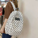 LADSOUL Women Nylon Backpack Student Checkerboard Schoolbag Female Casual
