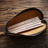 Vintage Leather Pencil Bag Big Capacity Zipper Pen Case