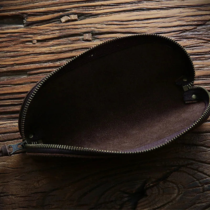 Vintage Crazy Horse Leather Pencil Bag Zipper Pen Case