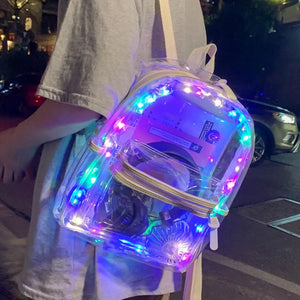 LED Lights Unisex Backpack Transparent Clear Harajuku School Bag