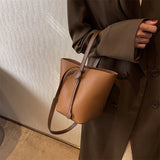 Small Bucket Crossbody for Women Vintage PU Leather Handbags Solid Shoulder Bag