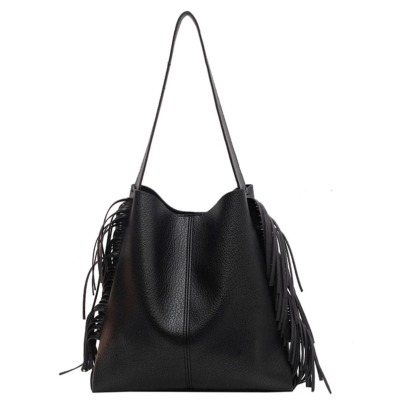 Vintage Solid Crossbody Bucket Handbag with Tassels
