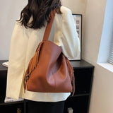 Vintage Solid Crossbody Bucket Handbag with Tassels