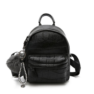 Stone Leather Mini Backpack for Women with Hairball