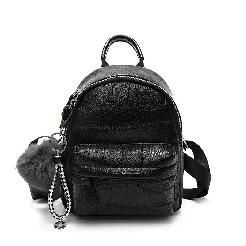 Stone Leather Mini Backpack for Women with Hairball