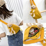 Canvas Women's Waist Bag Fanny Pack Bear Doll Decoration Chest Bag