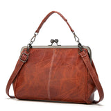 Retro Style Oil Leather Handbag Metal Frame Tote Shoulder Bags