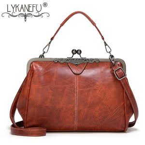 Retro Style Oil Leather Handbag Metal Frame Tote Shoulder Bags